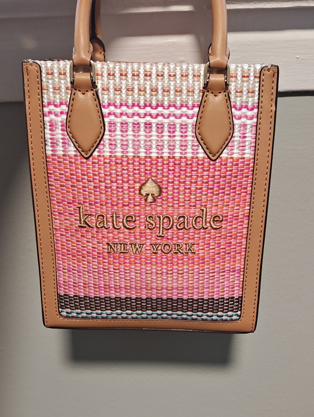 kate spade pink woven tote with tan trim